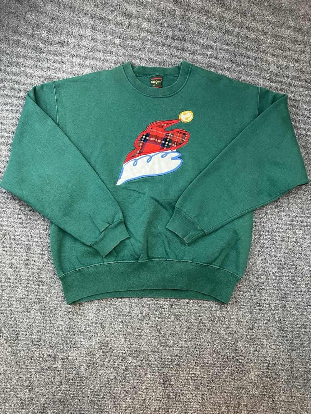 Vintage Cross Creek Green Sweatshirt Plaid Ice Skate Applique Made in USA M